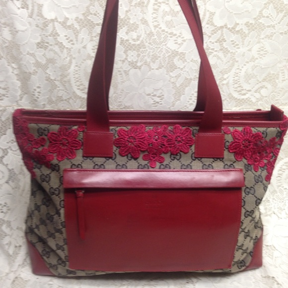 Vintage Gucci Black Mono Red Floral Tote Handbag - Picture 1 of 15
